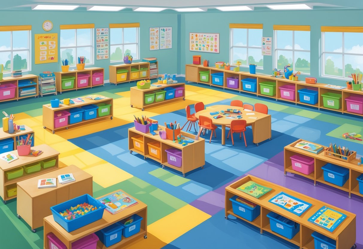 Classroom Organisation Resources: Tools & Tips for an Organised School Year LearningMole A tidy and well-organised classroom with multiple learning stations, small tables and chairs, storage bins with educational materials, and bright natural lighting.