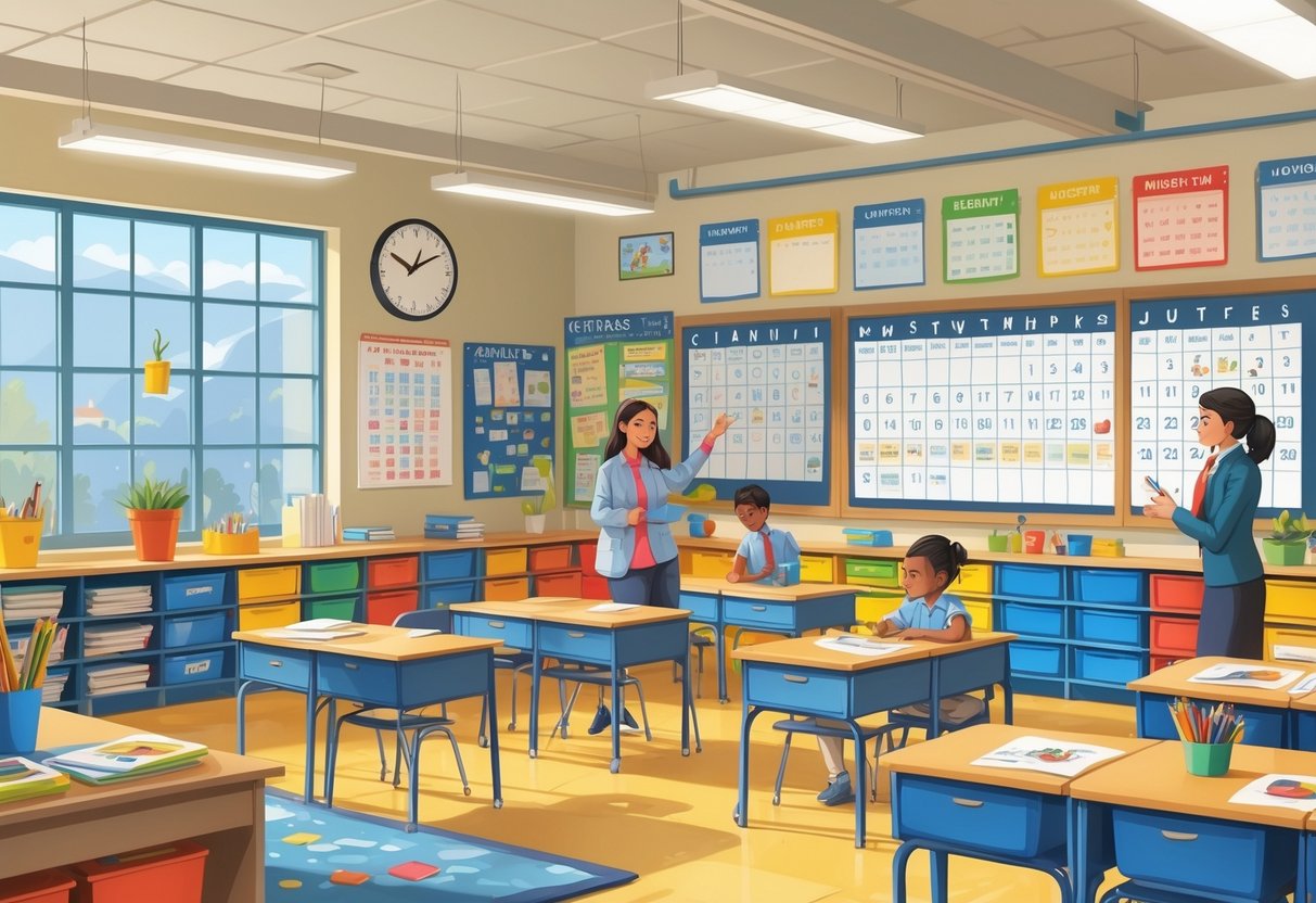 Classroom Organisation Resources: Tools & Tips for an Organised School Year LearningMole A bright classroom with organised desks, labelled shelves, a large wall calendar, and a teacher working with students engaged in learning activities.