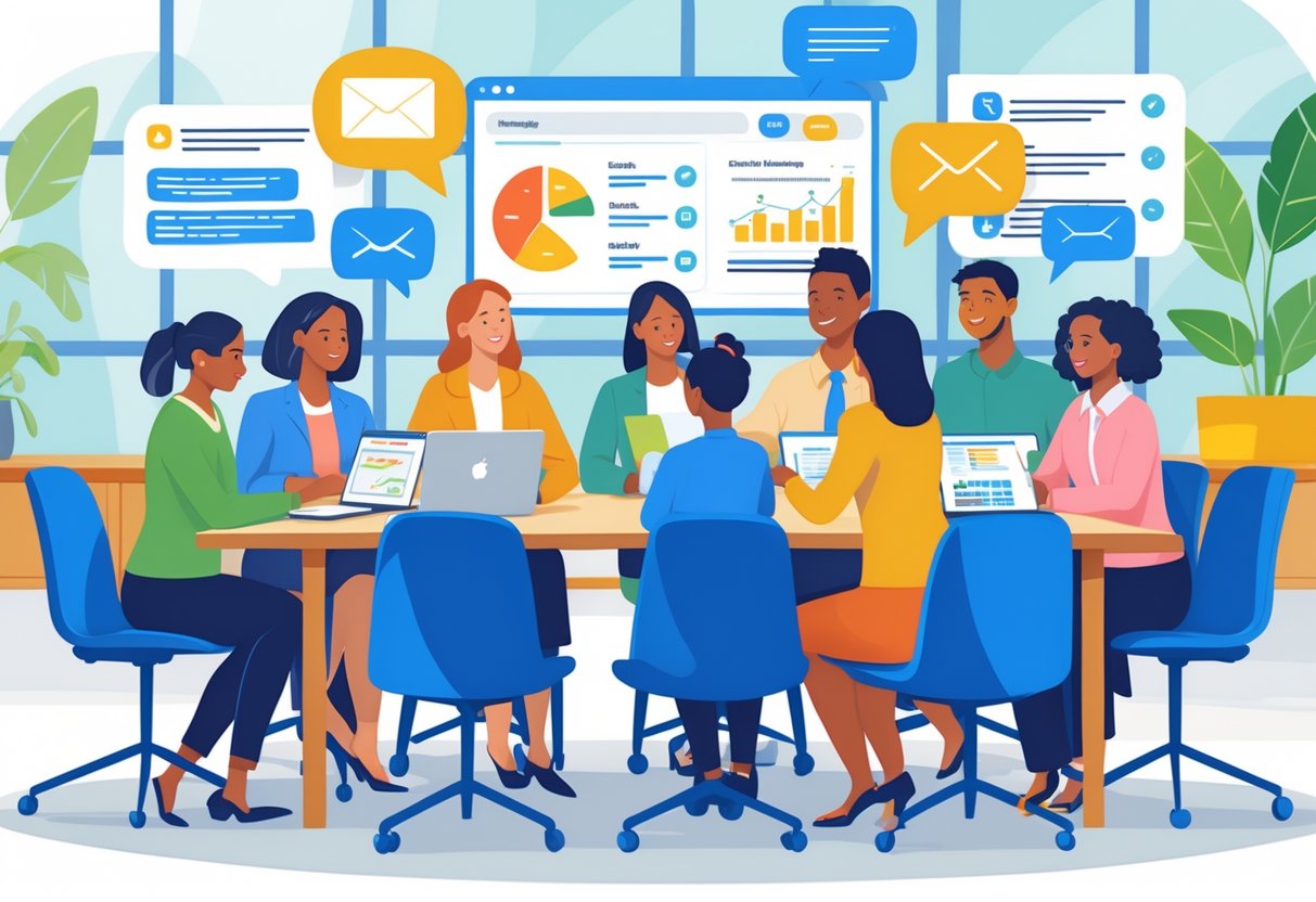 Parent Communication Templates: Effective Tools and Best Practices LearningMole A group of parents and educators sitting around a table with digital devices, discussing communication templates in a bright meeting room.