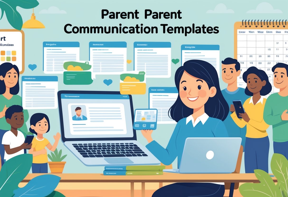 Parent Communication Templates: Effective Tools and Best Practices LearningMole A teacher sits at a desk with a laptop, surrounded by digital communication templates, while a group of parents engage positively nearby in a classroom setting.