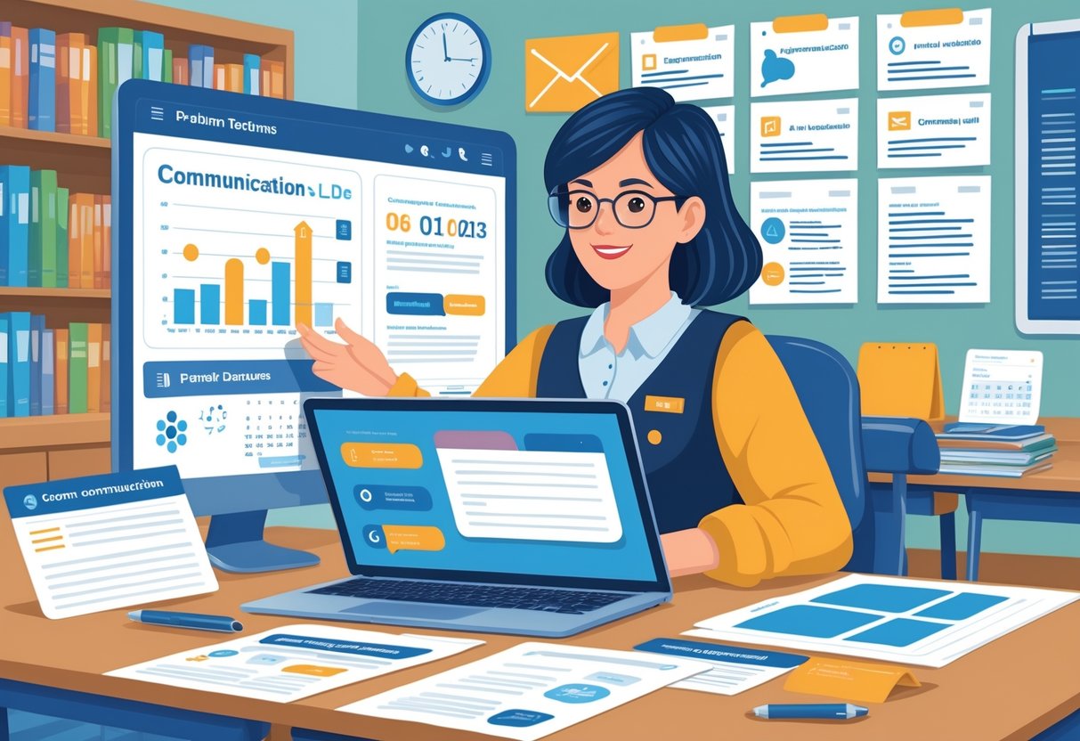 Parent Communication Templates: Effective Tools and Best Practices LearningMole A teacher at a desk using a laptop with communication logs and templates, surrounded by classroom elements like bookshelves and a whiteboard.