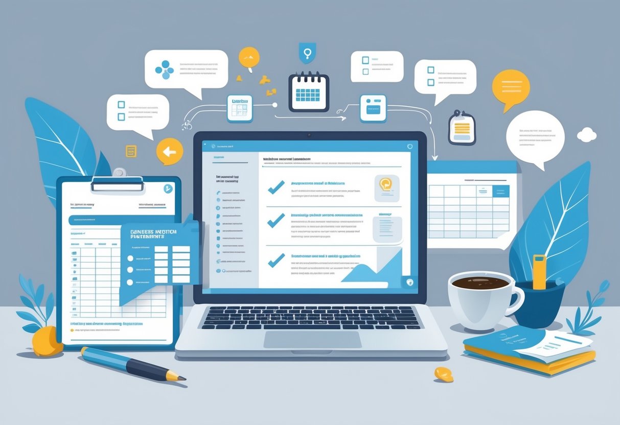 Parent Communication Templates: Effective Tools and Best Practices LearningMole A workspace with a laptop showing a structured communication template surrounded by icons of checklists, calendars, and speech bubbles, with office supplies nearby.