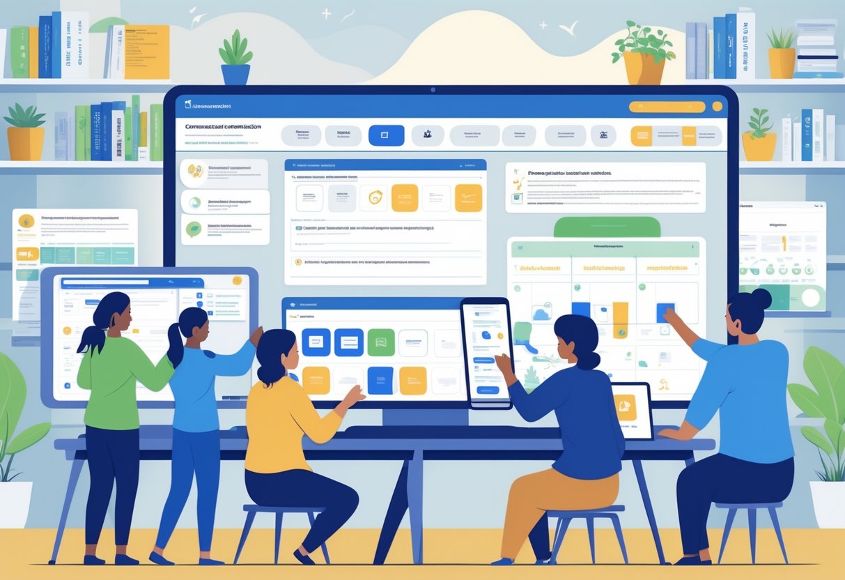 Parent Communication Templates: Effective Tools and Best Practices LearningMole A group of people working together around digital screens to customise communication templates in a modern office setting.