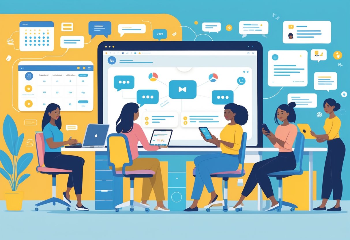 Parent Communication Templates: Effective Tools and Best Practices LearningMole A group of teachers and parents using laptops, tablets, and smartphones to communicate in a bright office setting.