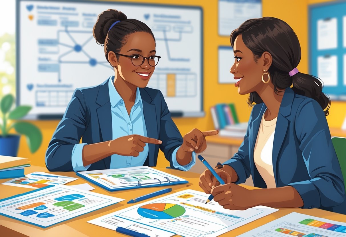 Parent Communication Templates: Effective Tools and Best Practices LearningMole A teacher and a parent sitting at a desk, reviewing documents together in an office, with communication templates laid out between them.