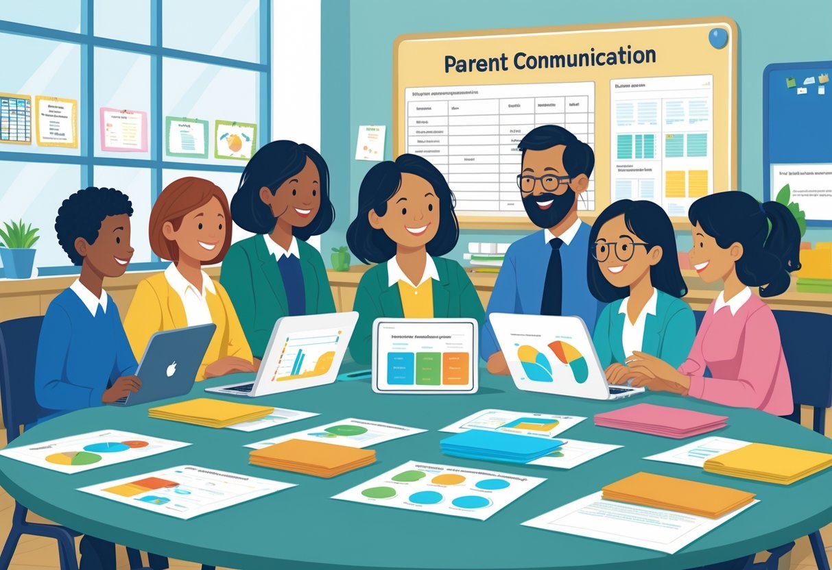 Parent Communication Templates: Effective Tools and Best Practices LearningMole Teachers and parents sitting around a table in a classroom, discussing and sharing communication templates in a friendly and organised setting.