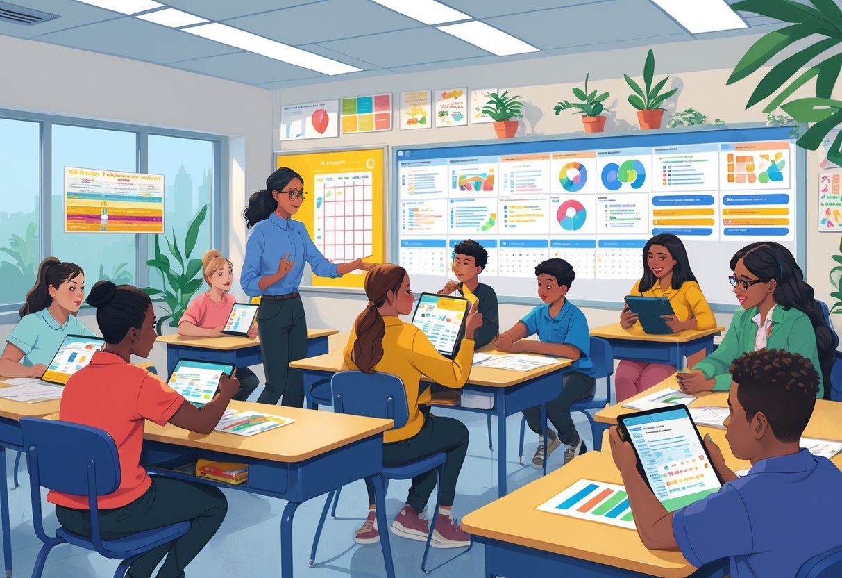 Students working with individual learning plans in a classroom while a teacher provides guidance.