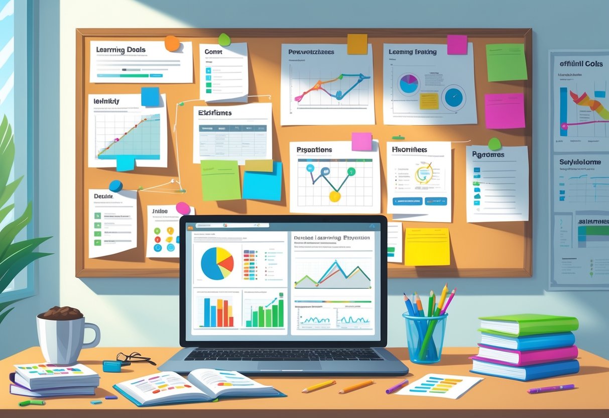 A tidy workspace with a laptop, sticky notes, books, and a bulletin board showing charts and plans for individual learning.