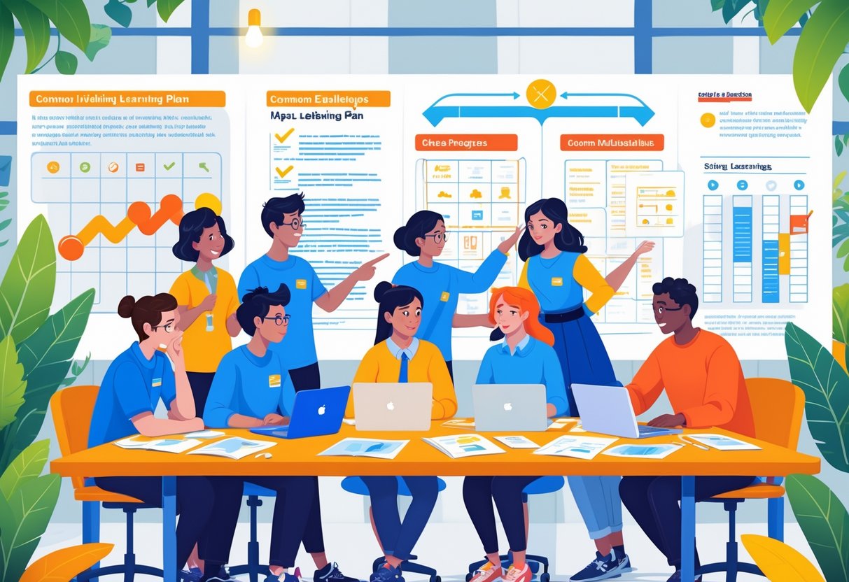 A group of students and teachers working together around a table with learning materials, showing collaboration and support in a classroom setting.