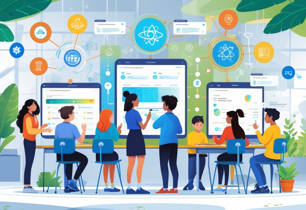 A group of students using personalised digital learning tools in a modern classroom with advanced technology and holographic displays.