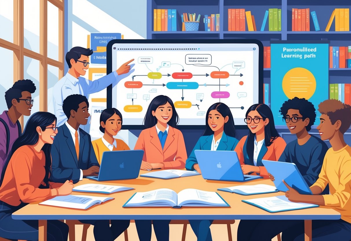 A group of students and educators working together around a table with learning materials and a digital screen showing a personalised learning plan.