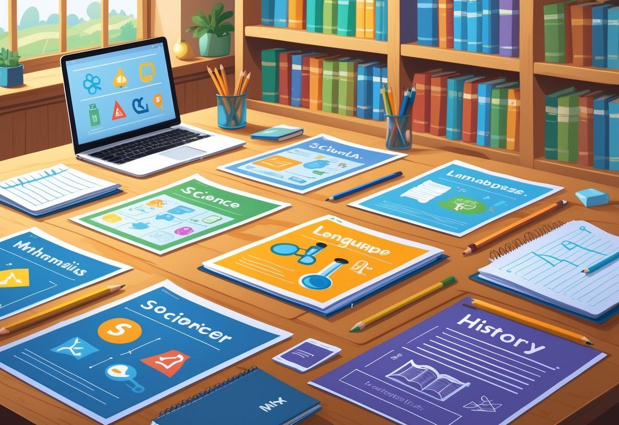 Homework Sheets: The Ultimate Guide to Effective Learning Tools Homework LearningMole A tidy study desk with colourful homework sheets representing maths, science, language arts, and history, surrounded by pencils, a ruler, an open notebook, and a laptop in a well-lit study space.