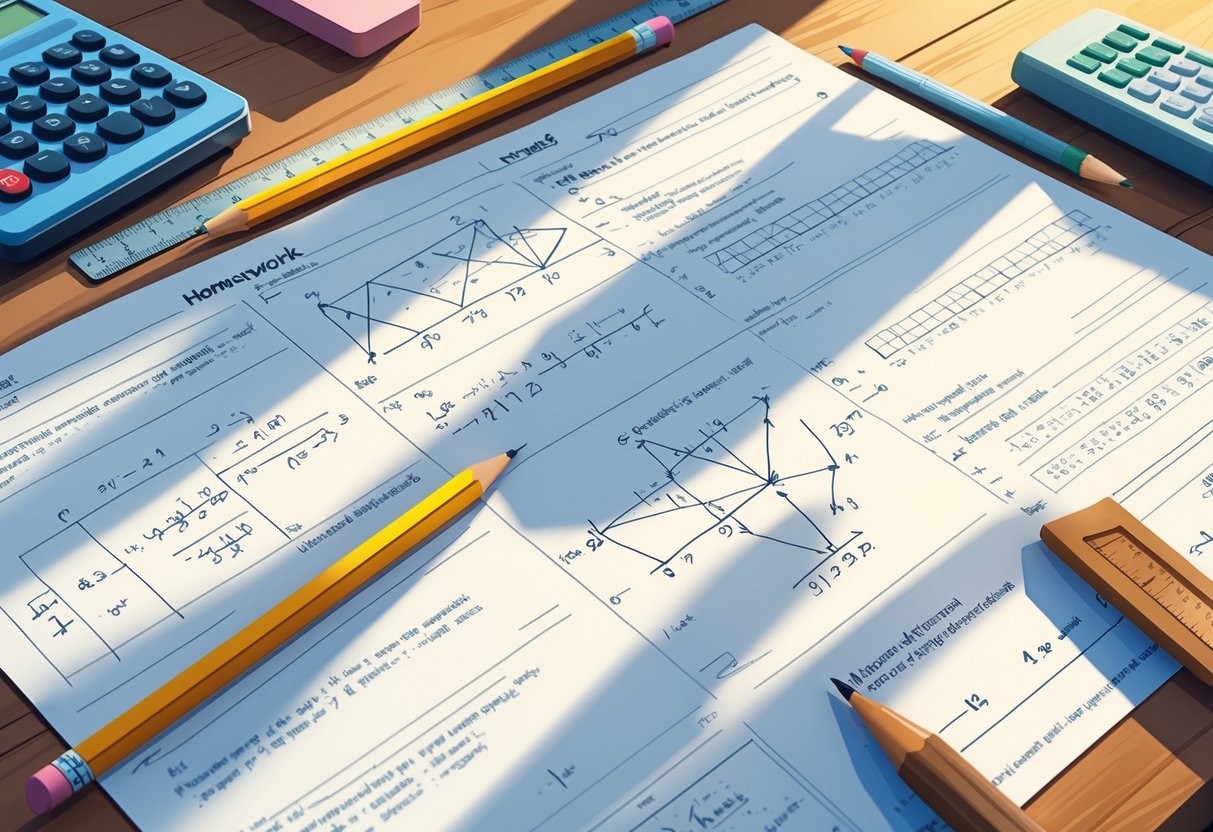 Homework Sheets: The Ultimate Guide to Effective Learning Tools Homework LearningMole A desk with several mathematics homework sheets, a pencil, ruler, calculator, and eraser arranged neatly.