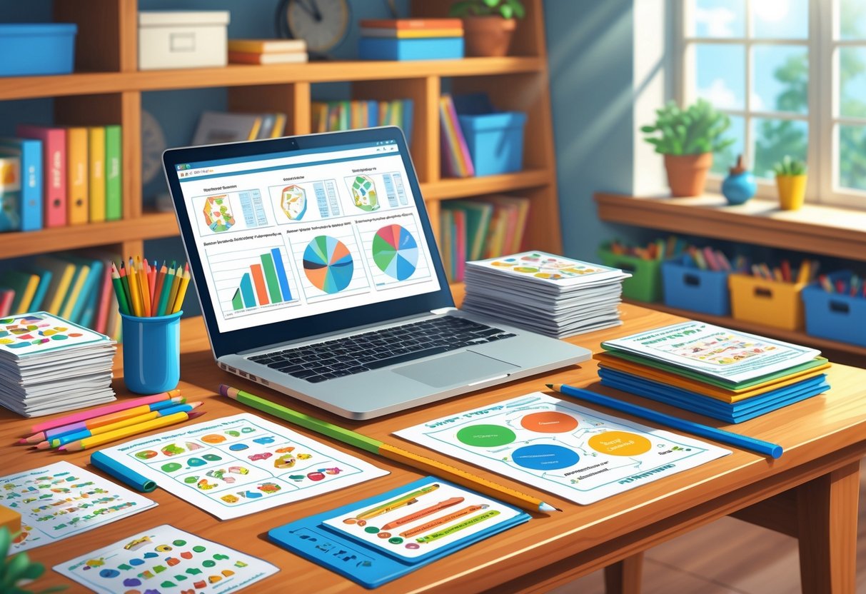 Home School Resources: The Ultimate Guide for UK Families LearningMole A homeschooling workspace with a desk covered in printable worksheets, stationery, a laptop, and shelves filled with books and educational materials.