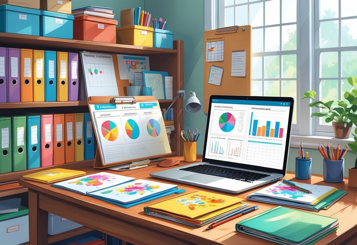 Home School Resources: The Ultimate Guide for UK Families LearningMole A tidy homeschooling workspace with binders, folders, a laptop showing charts, shelves with books and storage boxes, and a bulletin board with a calendar and checklist.