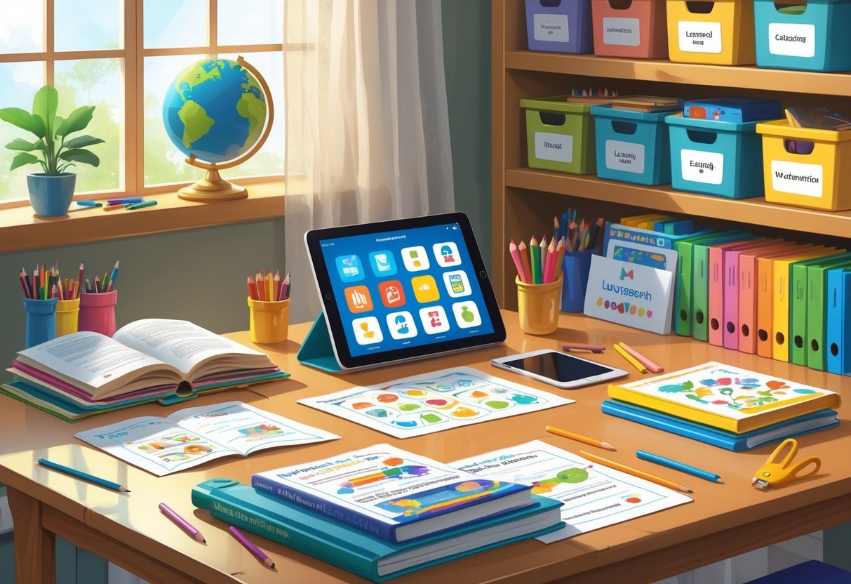 Home School Resources: The Ultimate Guide for UK Families LearningMole A tidy homeschool learning space with books, craft supplies, educational games, a tablet, and a globe on shelves and a desk.