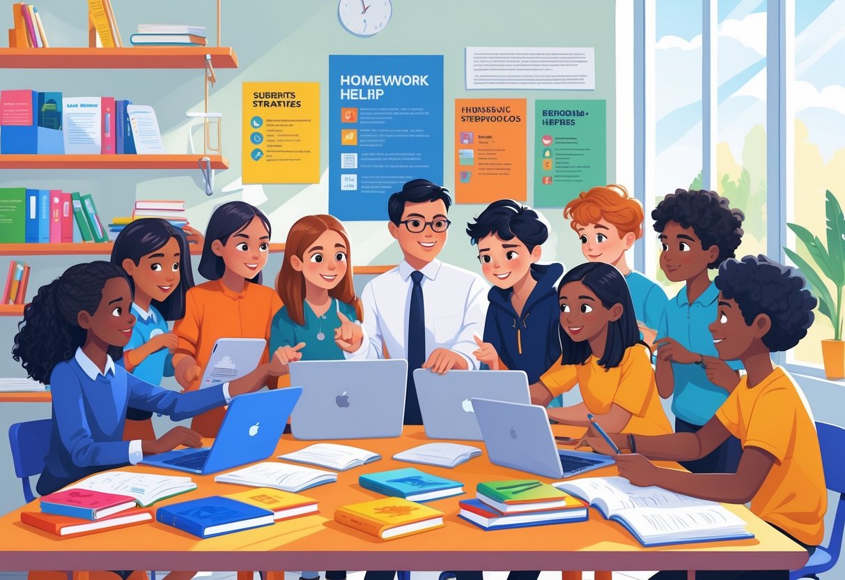 Homework Help Resources: Your Guide to the Best Tools and Tips LearningMole A teacher and diverse students in a classroom using tablets, laptops, and books to explore homework help resources together.