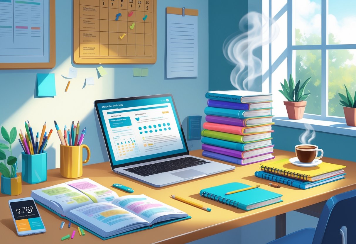Homework Help Resources: Your Guide to the Best Tools and Tips LearningMole A tidy study desk with an open laptop, notebooks, stationery, a cup of coffee, and a calendar showing a study schedule in a well-lit room.