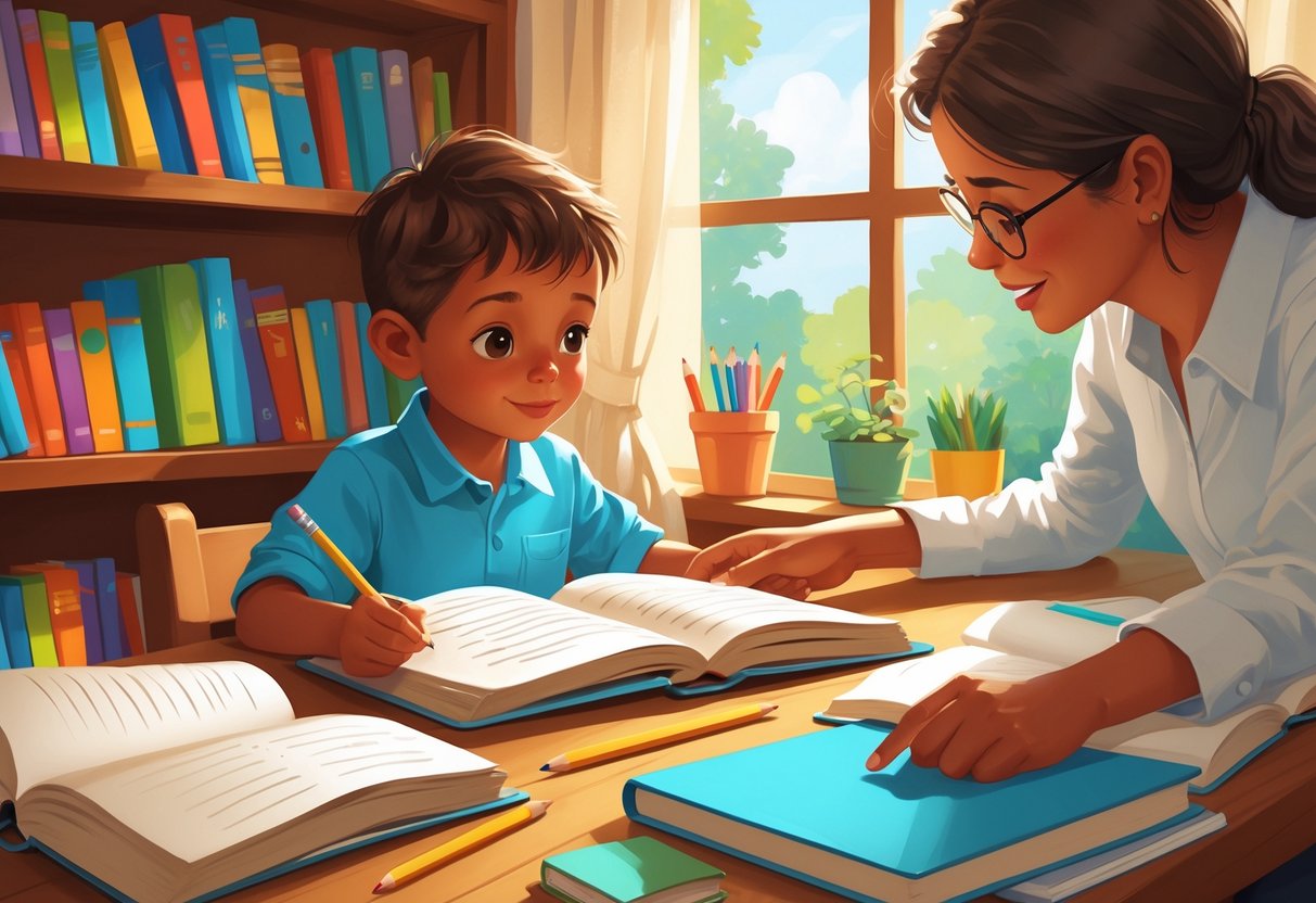 Reading Homework: Strategies, Activities, and Resources for Success LearningMole A child reading a book at a desk with an adult helping nearby in a cozy room filled with books.