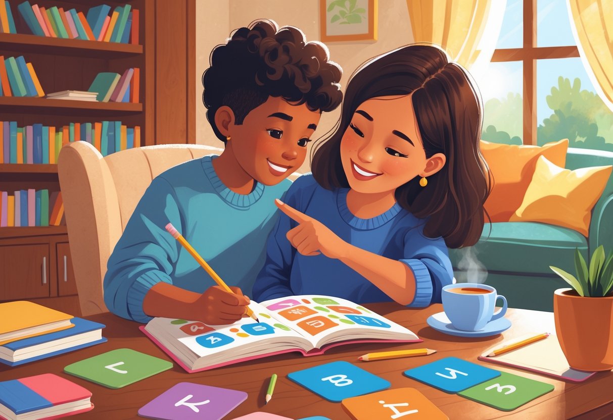 Reading Homework: Strategies, Activities, and Resources for Success LearningMole A parent and child sitting at a table working together on reading homework with books and flashcards in a cosy living room.