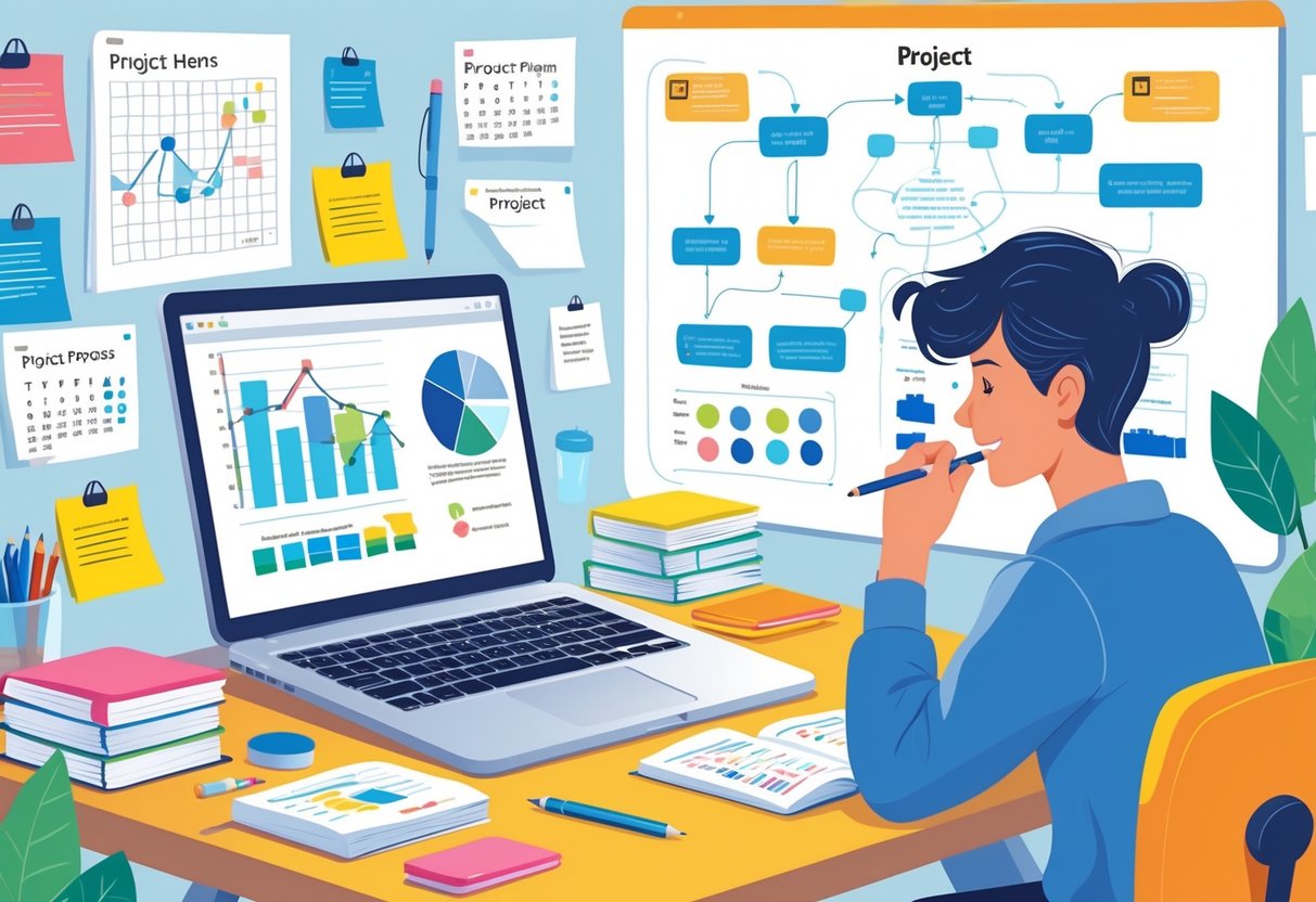 Project Homework Ideas: Inspiring Creative Assignments for Students LearningMole A person writing in a notebook at a tidy desk with a laptop, notebooks, sticky notes, and a calendar, with a whiteboard showing flowcharts in the background.