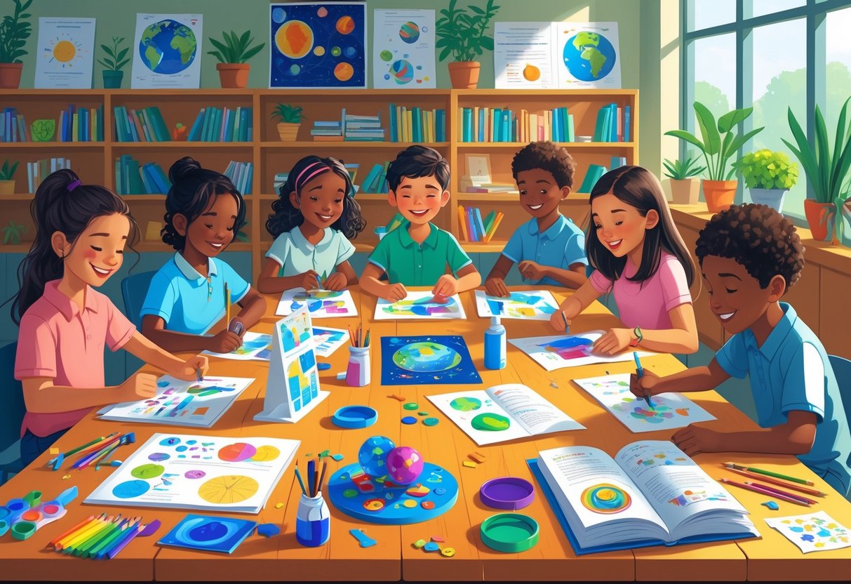 Project Homework Ideas: Inspiring Creative Assignments for Students LearningMole A group of children and teenagers working together on creative homework projects at a desk filled with art supplies and models in a bright study room.