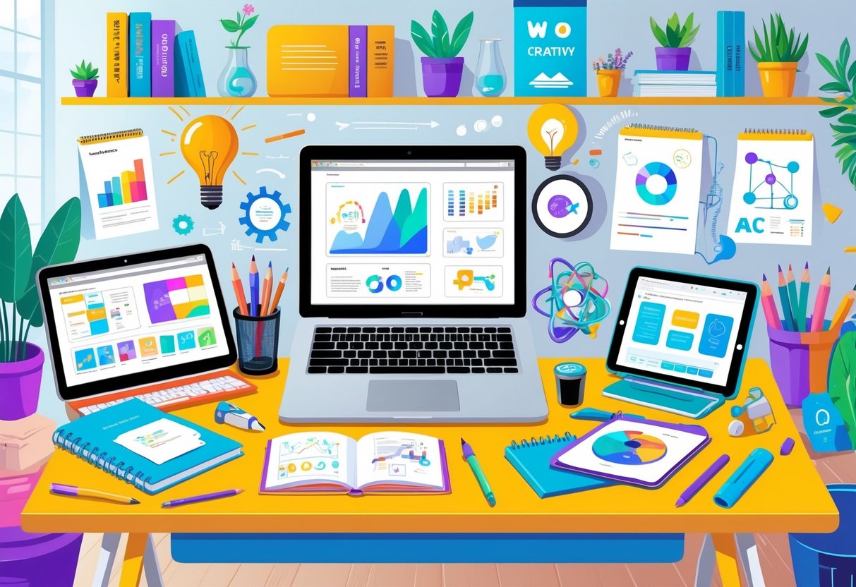 Project Homework Ideas: Inspiring Creative Assignments for Students LearningMole A creative workspace with a desk holding notebooks, laptops, art supplies, science experiment items, and digital tablets in a bright, organised room.