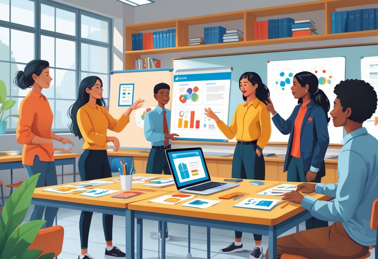 Project Homework Ideas: Inspiring Creative Assignments for Students LearningMole A classroom scene with students presenting homework projects using colourful boards, charts, and a laptop at a tidy desk.