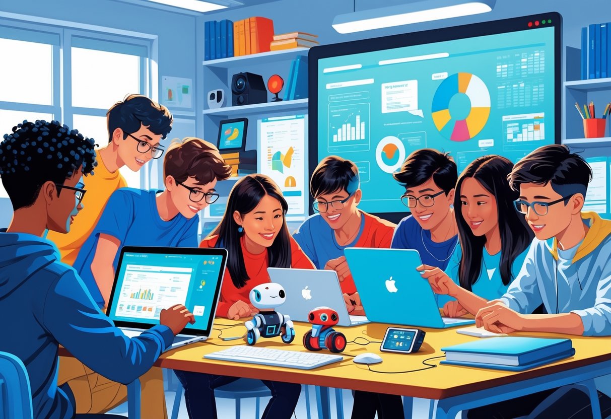 Project Homework Ideas: Inspiring Creative Assignments for Students LearningMole Students working together on homework projects using laptops, tablets, and robotics in a classroom with a teacher assisting them.