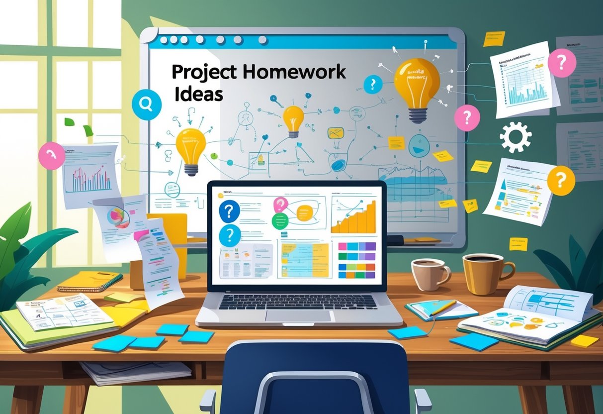 Project Homework Ideas: Inspiring Creative Assignments for Students LearningMole A workspace with a desk covered in notebooks, sticky notes, a laptop, and a whiteboard with diagrams and icons representing ideas and questions.