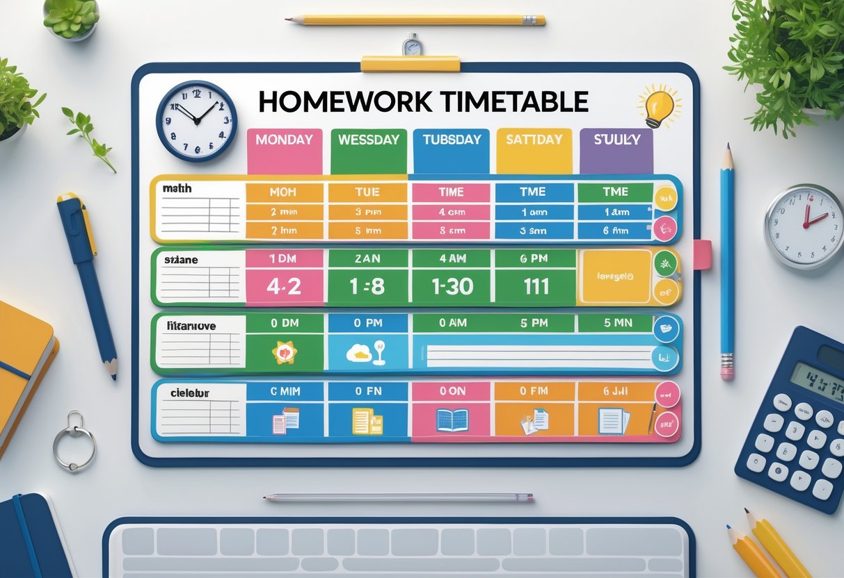 Homework Timetable: The Ultimate Guide for Stress-Free Study LearningMole A weekly homework timetable on a desk with study tools like a pencil, notebook, calculator, and clock arranged around it.