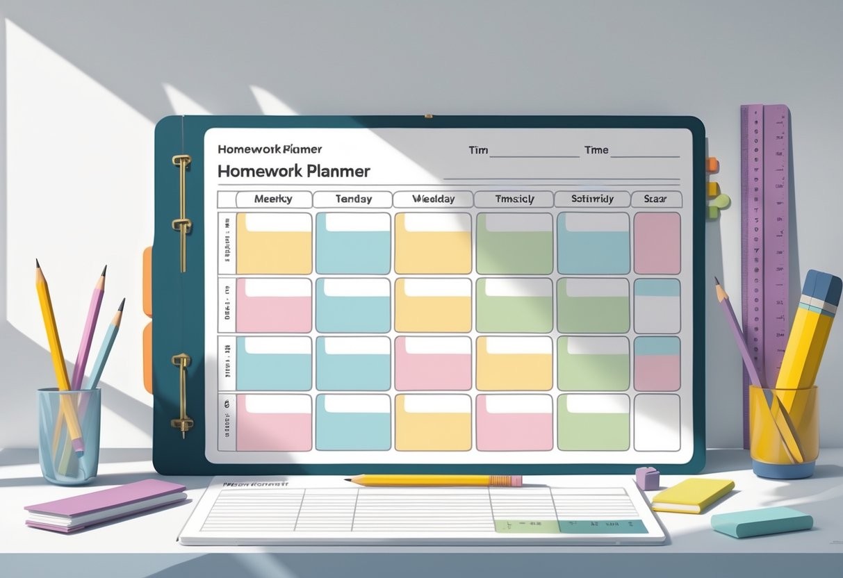 Homework Timetable: The Ultimate Guide for Stress-Free Study LearningMole A homework planner template with a weekly timetable and colour-coded sections on a desk surrounded by study supplies.