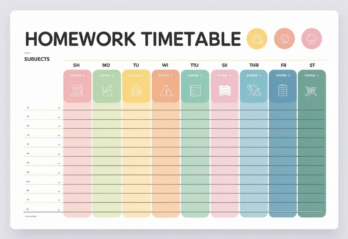 Homework Timetable: The Ultimate Guide for Stress-Free Study LearningMole A weekly homework timetable grid with columns for days and rows for subjects, featuring soft colours and subject icons in some cells, designed for organising homework tasks.