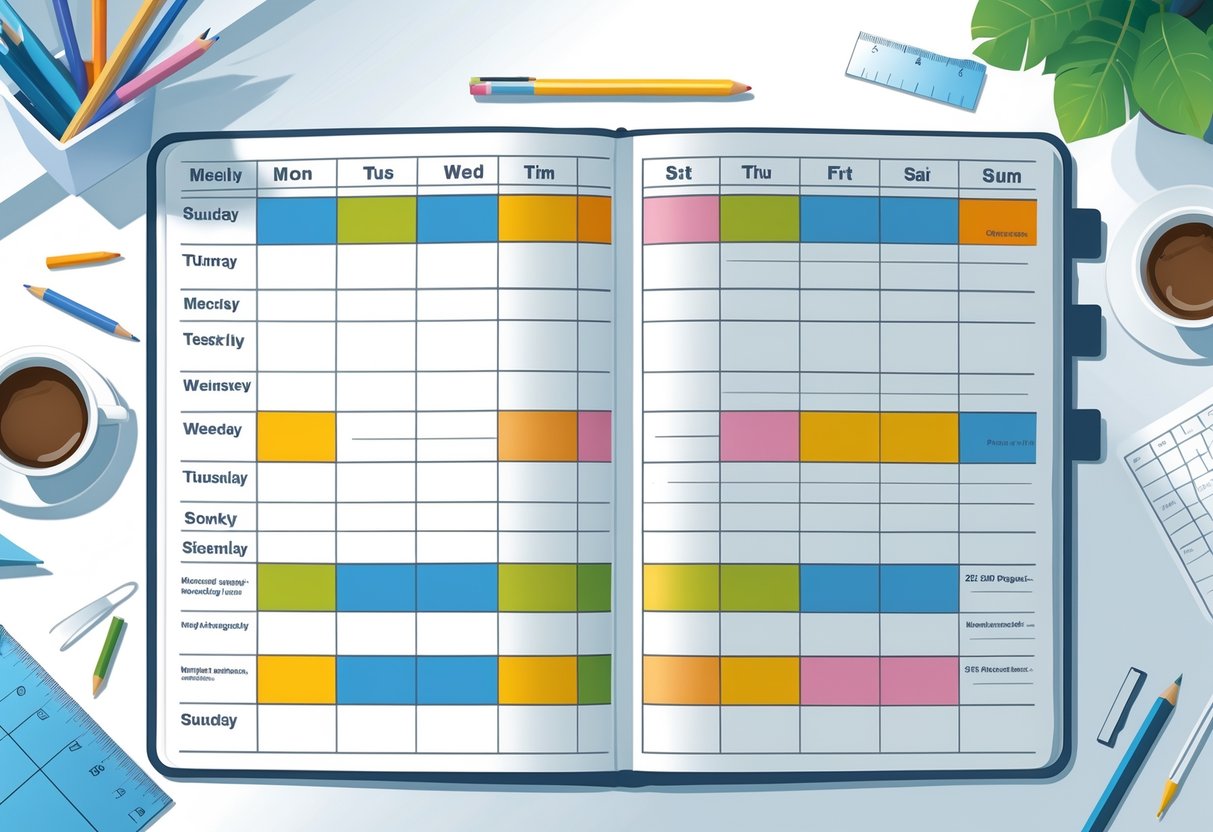 Homework Timetable: The Ultimate Guide for Stress-Free Study LearningMole A desk with an open planner displaying a weekly and daily homework schedule with colour-coded blocks, surrounded by stationery items.