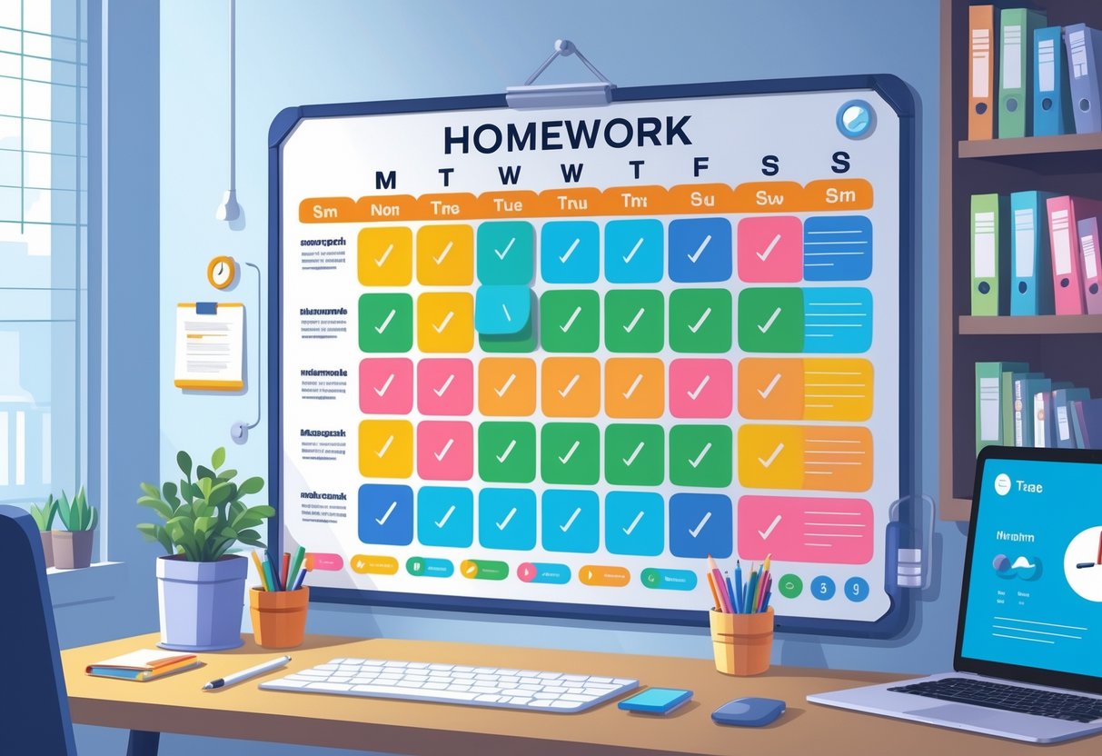 Homework Timetable: The Ultimate Guide for Stress-Free Study LearningMole A tidy study desk with a wall planner showing a homework timetable divided by days and subjects, with progress indicators and motivational items around.