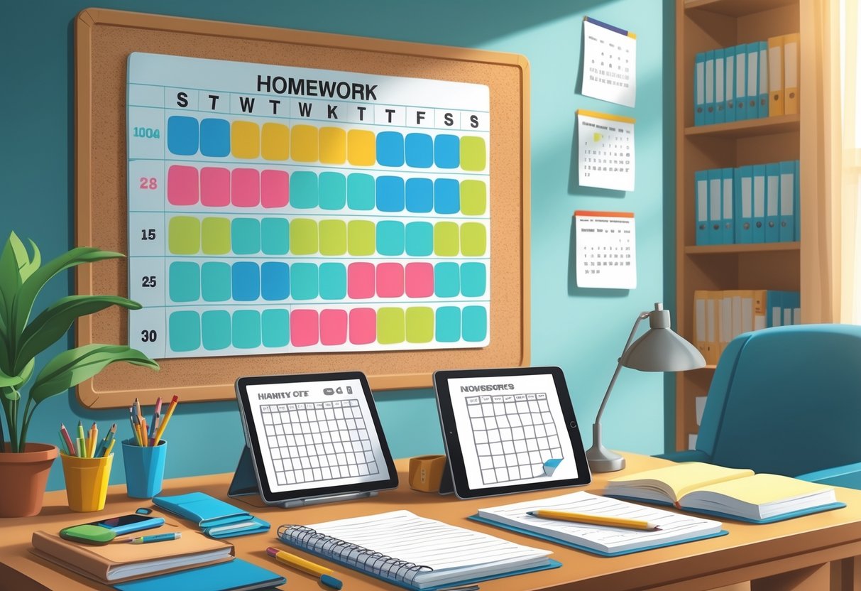 Homework Timetable: The Ultimate Guide for Stress-Free Study LearningMole A study desk with an organised timetable pinned above, an open notebook, a calendar, and stationery, creating a neat and focused homework workspace.