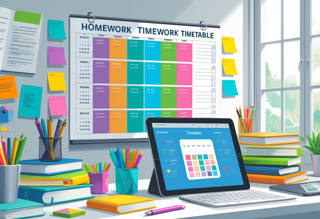 Homework Timetable: The Ultimate Guide for Stress-Free Study LearningMole A tidy study area with a wall planner showing a homework timetable, surrounded by pens, textbooks, a laptop, and a tablet.