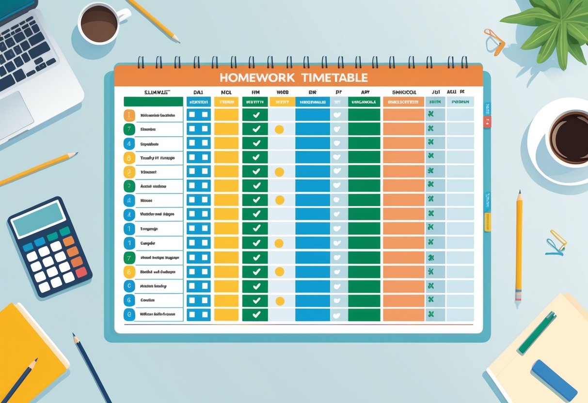 Homework Timetable: The Ultimate Guide for Stress-Free Study LearningMole A tidy weekly homework timetable on a desk surrounded by study materials including pencils, a calculator, a coffee cup, and a laptop.