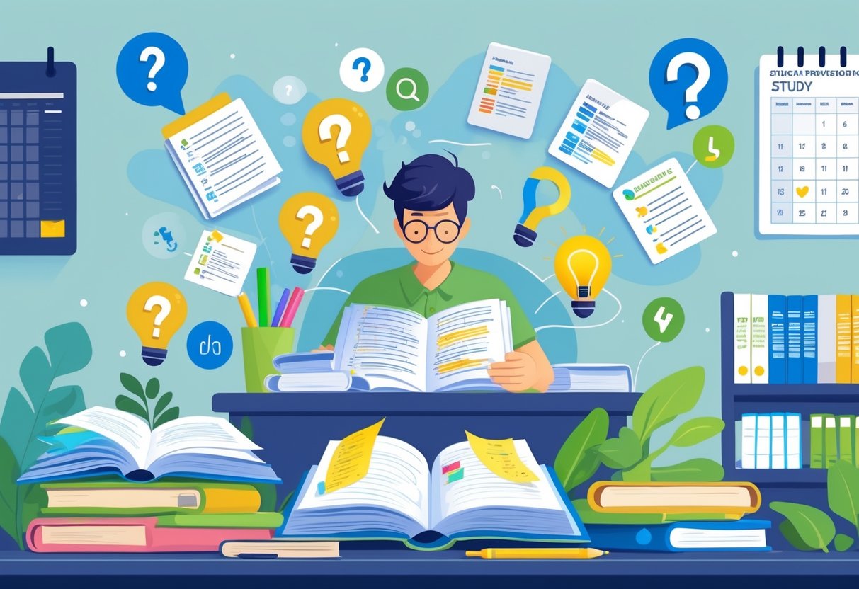 Exam Preparation Resources: Best Tools, Guides & Tips for Success LearningMole A person studying at a desk with open books, notes, and a laptop, surrounded by floating icons representing questions and answers in a calm study space.