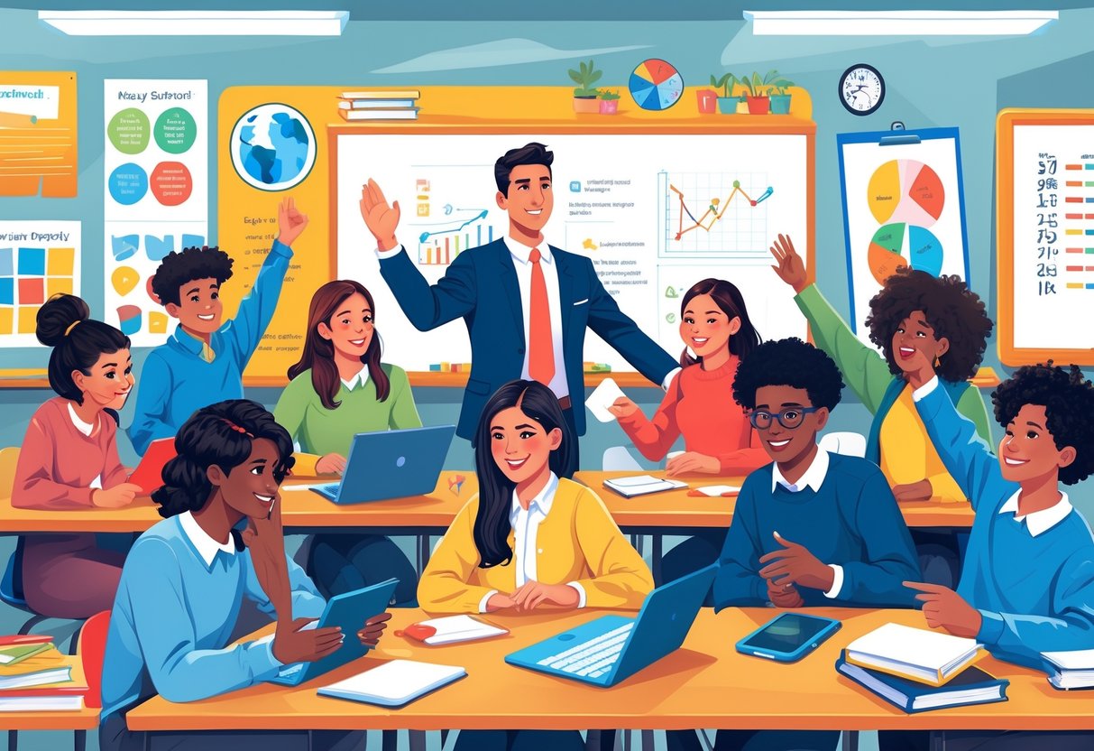 A classroom scene showing a teacher and diverse students engaged in interactive learning activities together.