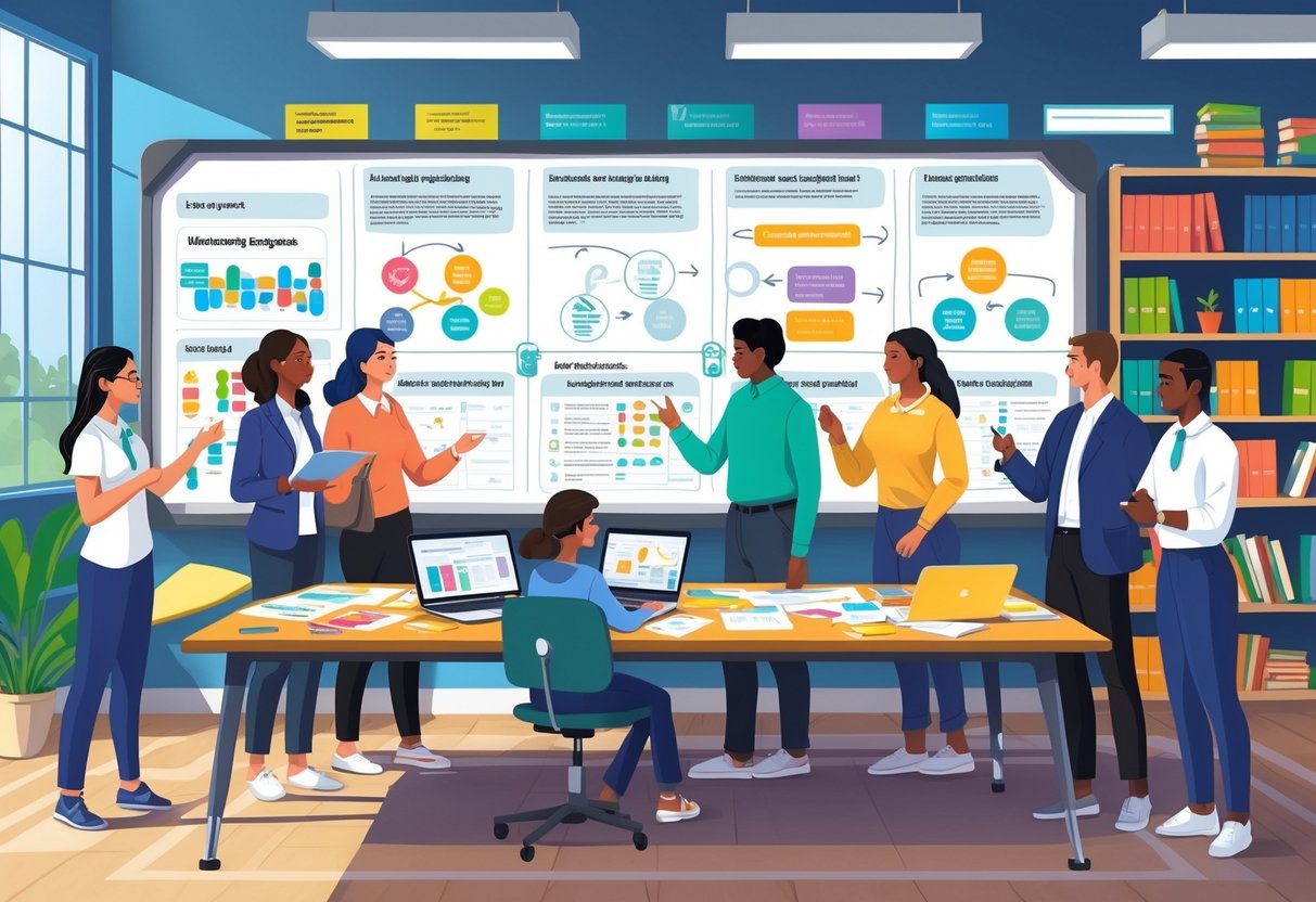 A group of teachers working together around a table with educational materials, discussing and planning teaching strategies in a classroom.