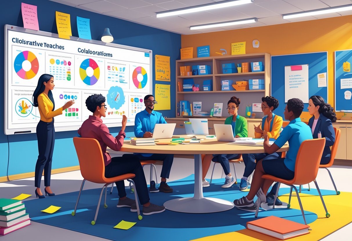 A group of teachers and students working together around a table in a classroom with educational materials and a large screen showing charts.