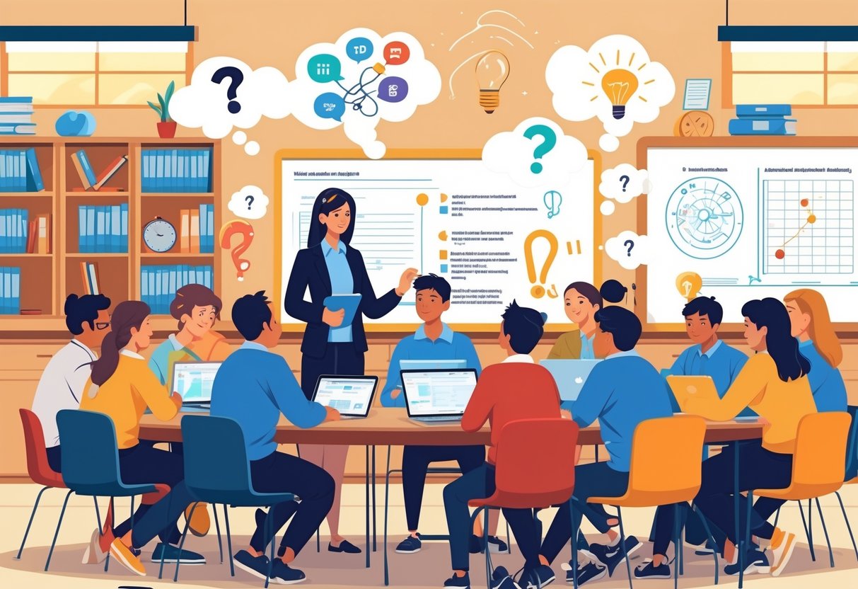 Teaching Techniques: Essential Methods and Strategies for Success LearningMole A group of teachers and students in a classroom actively engaging in a discussion with visual symbols of questions and ideas floating above them.