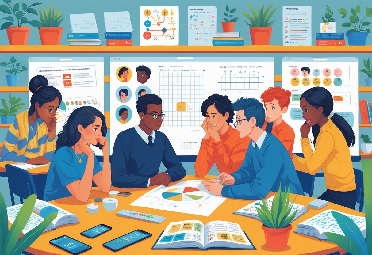 Metacognition Resources: Essential Tools and Strategies for Learners LearningMole A diverse group of learners and a teacher working together in a bright classroom, using visual aids and assistive tools to reflect on their learning.