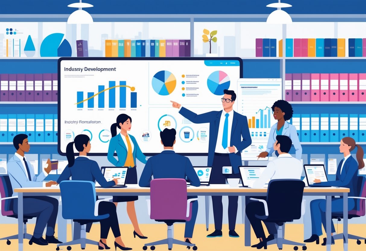 Professional Development Materials: Essential Resources & Strategies LearningMole A group of professionals in a modern office collaborating around a table with digital devices and printed materials, focused on a presentation about industry-specific development.