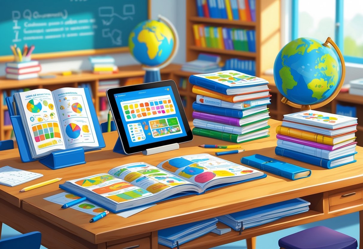 National Curriculum Resources: Comprehensive Guide for UK Educators LearningMole A classroom desk with textbooks, digital tablets, worksheets, stationery, and a globe arranged as educational resources.