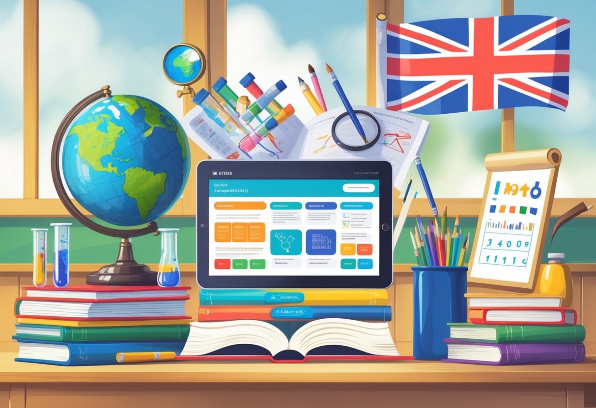British Curriculum Resources: Comprehensive Guide for Teachers & Schools LearningMole A collection of educational materials and subject symbols representing British curriculum resources arranged on a desk in a classroom setting.