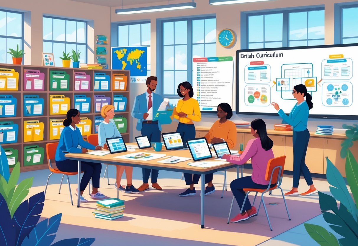 British Curriculum Resources: Comprehensive Guide for Teachers & Schools LearningMole A group of teachers working together at a table with educational materials and digital devices in a bright classroom filled with shelves of resources and educational posters.