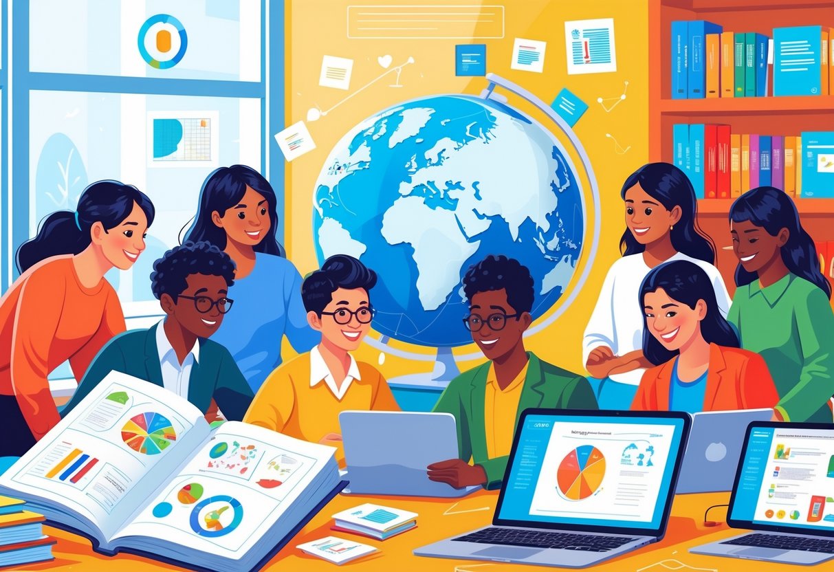 British Curriculum Resources: Comprehensive Guide for Teachers & Schools LearningMole A group of students and teachers in a classroom using books, a globe, and digital devices to study educational materials related to the British curriculum.