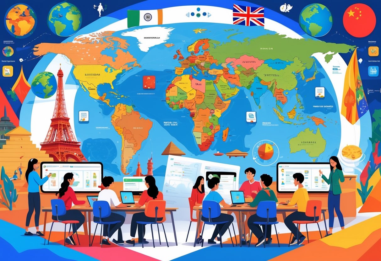 British Curriculum Resources: Comprehensive Guide for Teachers & Schools LearningMole A classroom where diverse students and a teacher explore global cultures using maps, landmarks, and educational tools.